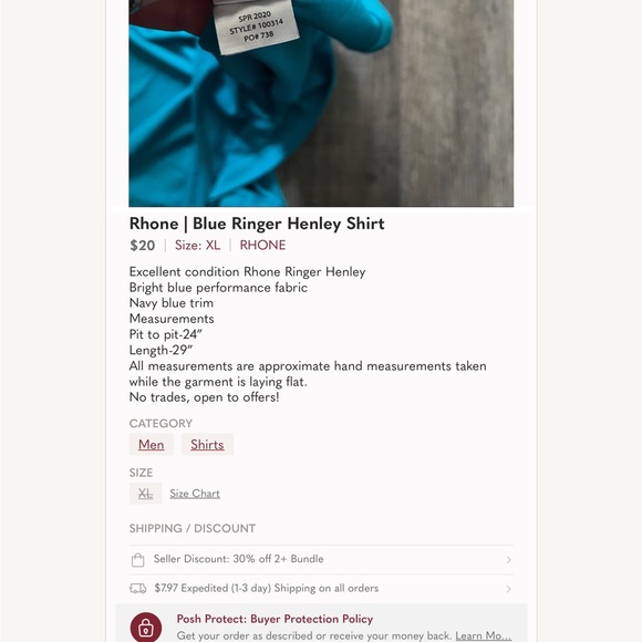 ** RHÔNE Blue Ringer Henley Shirt - Picture 7 of 10